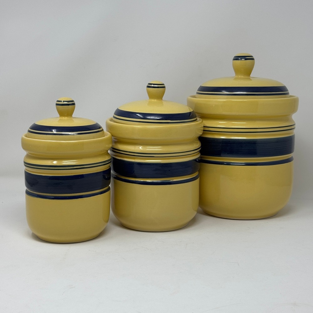 Gibson Yellow Blue Stripe Ceramic Canister Set Lidded Kitchen Storage Grannycore